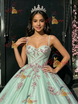 Green Tulle Spaghetti Straps Appliques Quinceanera Dress