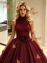 Burgundy Tulle High Neck Flower Prom Dress