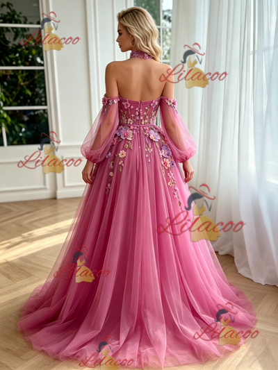 Fuchsia Tulle Long Sleeve Appliques Prom Dress