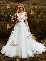 White Lace Tulle Straps Appliques Wedding Dress