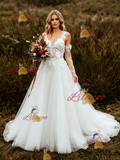 White Lace Tulle Straps Appliques Wedding Dress