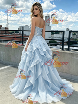 Blue Tulle Strapless Beading Prom Dress