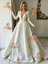 White Long Sleeve V-neck Wedding Dress