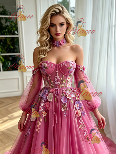 Fuchsia Tulle Long Sleeve Appliques Prom Dress