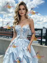 Blue Tulle Strapless Beading Prom Dress