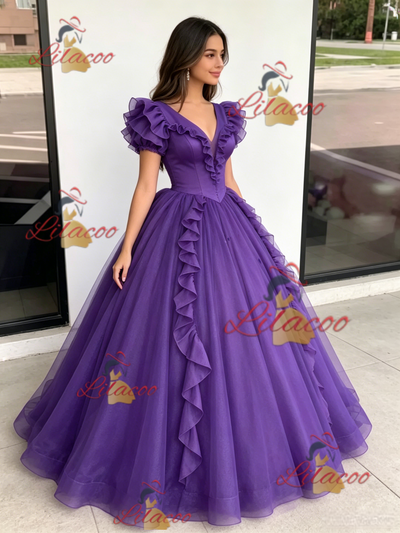 Purple Tulle V-neck Quinceanera Dress