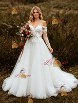 White Lace Tulle Straps Appliques Wedding Dress