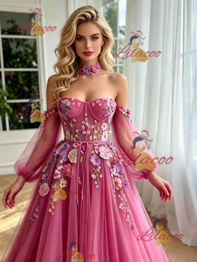 Fuchsia Tulle Long Sleeve Appliques Prom Dress