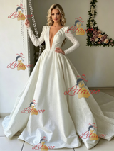 White Long Sleeve V-neck Wedding Dress