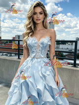 Blue Tulle Strapless Beading Prom Dress