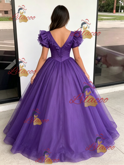 Purple Tulle V-neck Quinceanera Dress