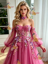 Fuchsia Tulle Long Sleeve Appliques Prom Dress