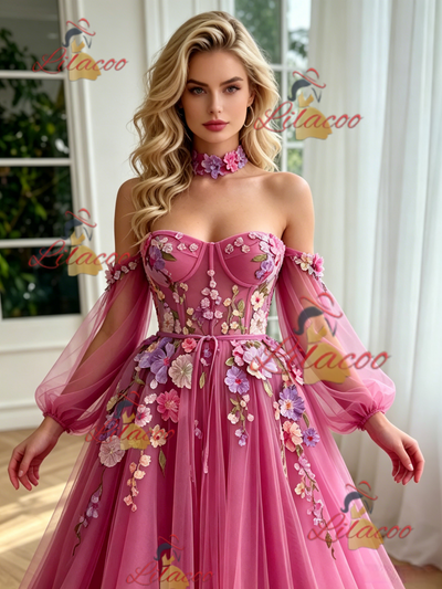 Fuchsia Tulle Long Sleeve Appliques Prom Dress