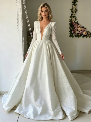 White Long Sleeve V-neck Wedding Dress