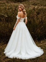 White Lace Tulle Straps Appliques Wedding Dress