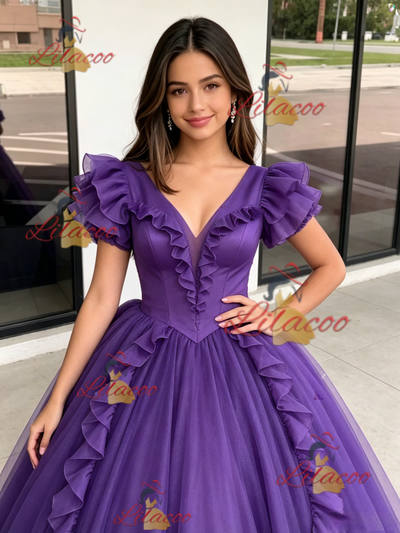 Purple Tulle V-neck Quinceanera Dress