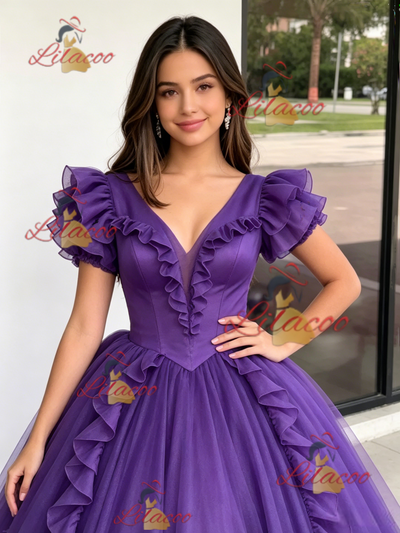 Purple Tulle V-neck Quinceanera Dress