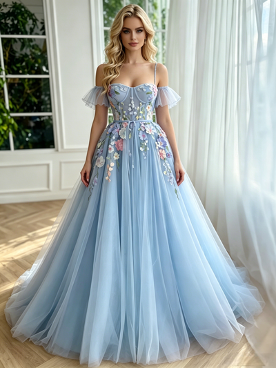 Blue Tulle Appliques Straps Prom Dress
