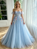 Blue Tulle Appliques Straps Prom Dress