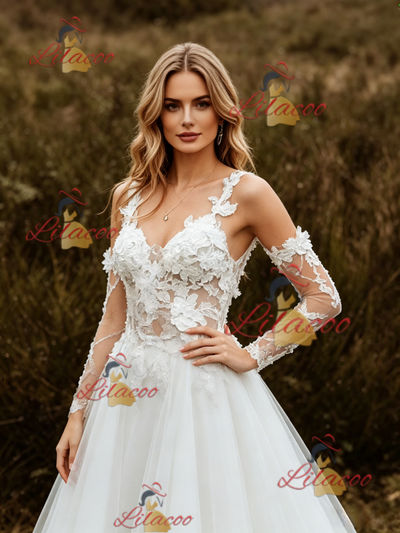 White Lace Tulle Straps Appliques Wedding Dress