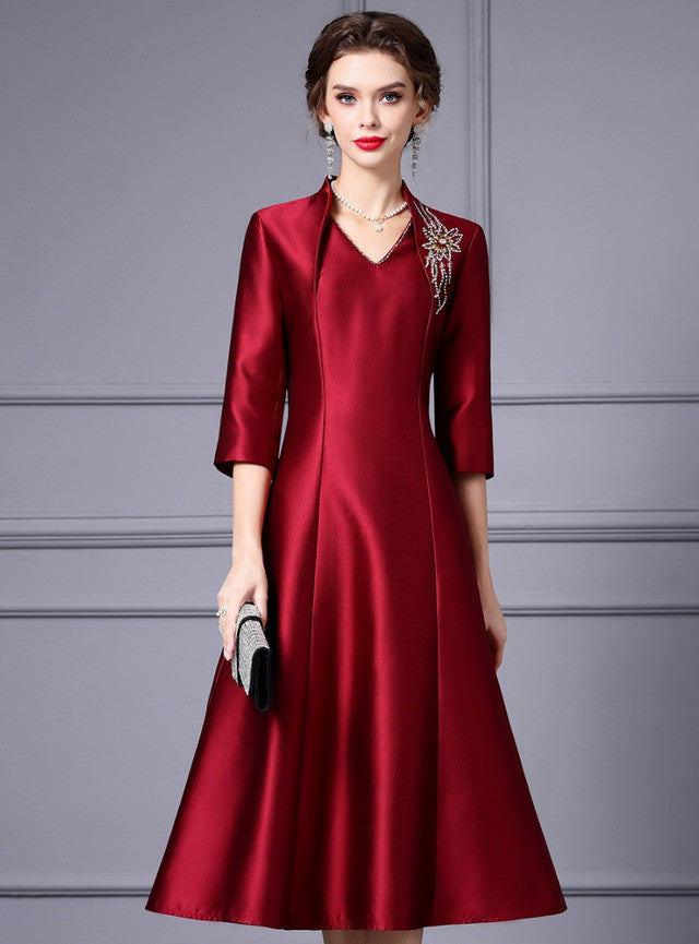 Burgundy Satin Short Sleeve Mother Of The Bride Dress