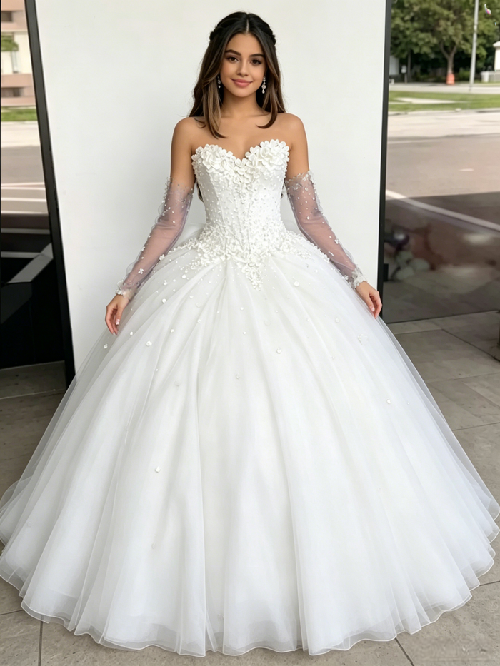 White Tulle Strapless Appliques Quinceanera Dress
