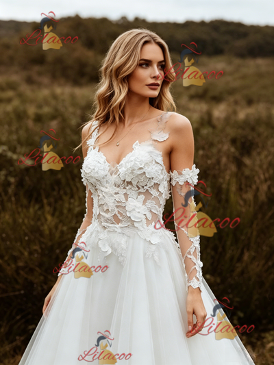 White Lace Tulle Straps Appliques Wedding Dress