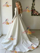 White Long Sleeve V-neck Wedding Dress