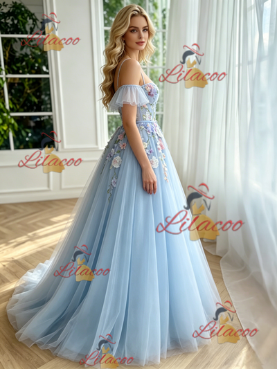 Blue Tulle Appliques Straps Prom Dress