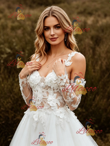 White Lace Tulle Straps Appliques Wedding Dress