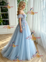 Blue Tulle Appliques Straps Prom Dress