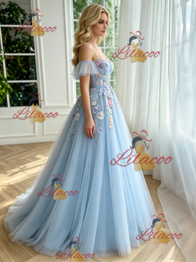 Blue Tulle Appliques Straps Prom Dress