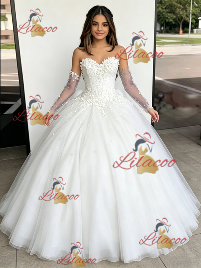 White Tulle Strapless Appliques Quinceanera Dress