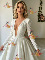 White Long Sleeve V-neck Wedding Dress