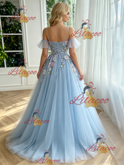 Blue Tulle Appliques Straps Prom Dress