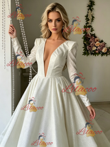 White Long Sleeve V-neck Wedding Dress
