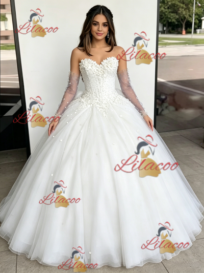 White Tulle Strapless Appliques Quinceanera Dress