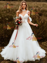 White Tulle Straps Lace Applique Wedding Dress