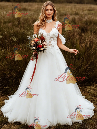 White Tulle Straps Lace Applique Wedding Dress
