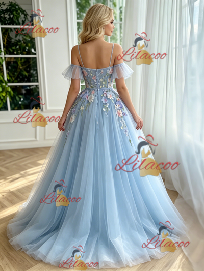 Blue Tulle Appliques Straps Prom Dress
