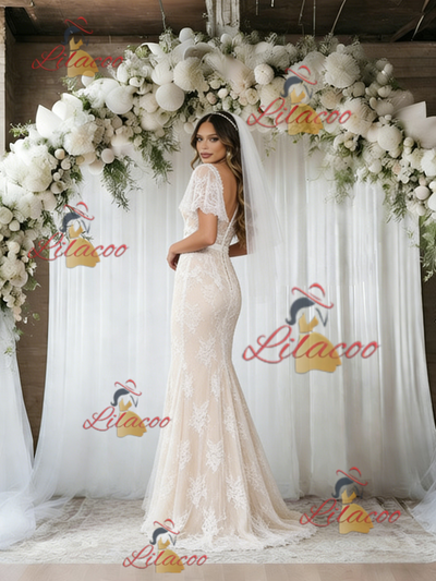 Ivory White Mermaid Lace V-neck Wedding Dress