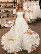 White Tulle Puff Sleeve Flower Wedding Dress