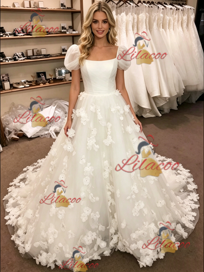 White Tulle Puff Sleeve Flower Wedding Dress