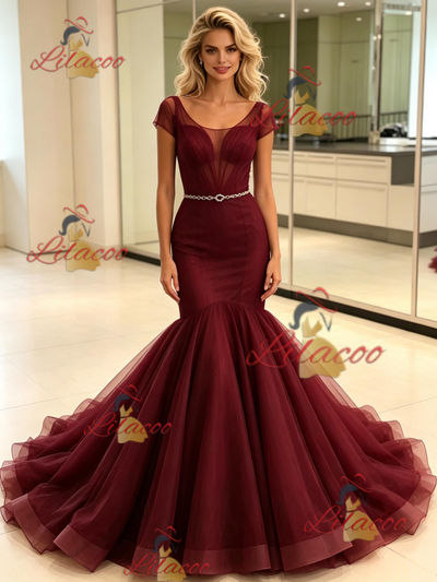 Burgundy Mermaid Tulle Cap Sleeve Prom Dress