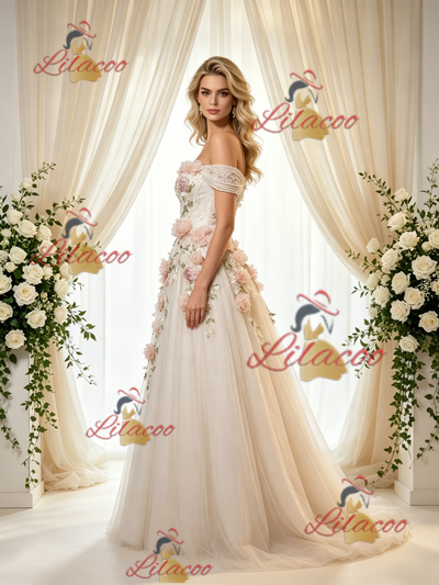 Ivory Tulle Off the Shoulder Appliques Wedding Dress