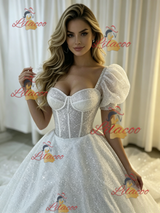 White Sequins Puff Sleeve Wedding Dress