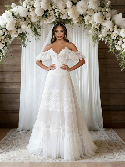 White Lace V-neck Wedding Dress