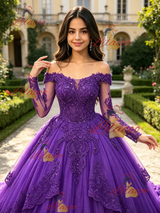 Purple Tulle Off the Shoulder Appliques Quinceanera Dress