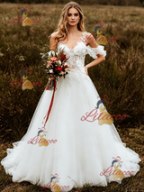 White Tulle Straps Lace Applique Wedding Dress