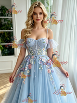 Blue Tulle Appliques Straps Prom Dress